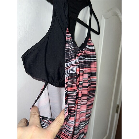 Yonique Women Swim Top Bathing Tankini Pink Black Stripes Racerback L Padded NWT - Picture 2 of 14